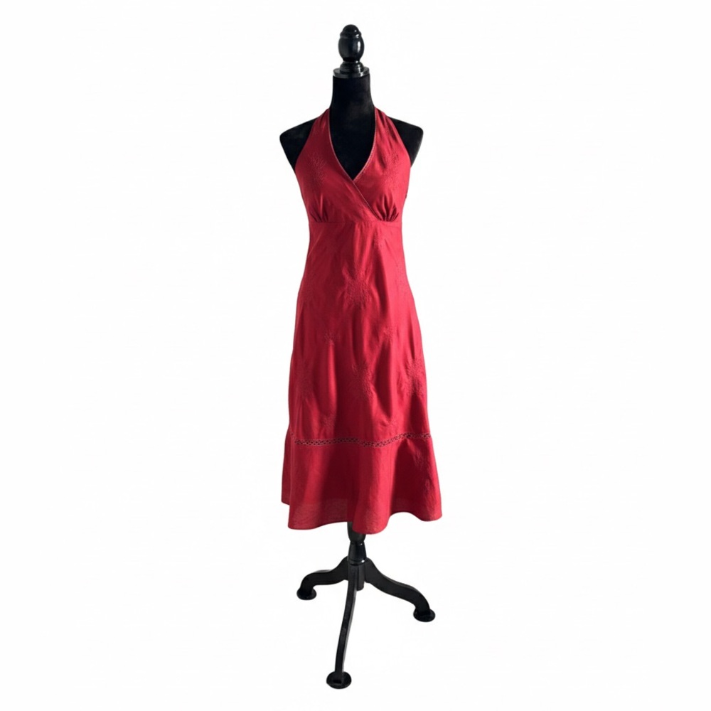 J.Crew Embroidered Mesh Halter A-Line Cotton No Stretch Midi Dress - Wine Size 2